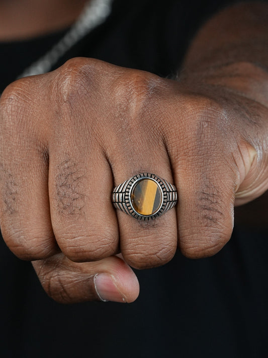 Oval Eye Ring - 925 Silver Oxidized - Genuine Tiger's Eye Stone