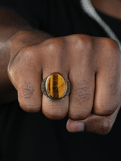 Large Oval Brick Road Ring - 925 Silver Oxidized W. Gold Bezel - Genuine Tiger's Eye Stone