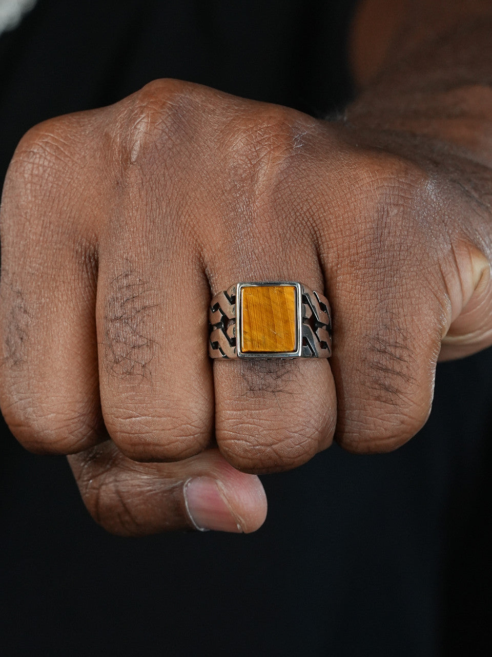 Twisted Path Solitaire Ring - 925 Silver Oxidized - Genuine Tiger's Eye Stone