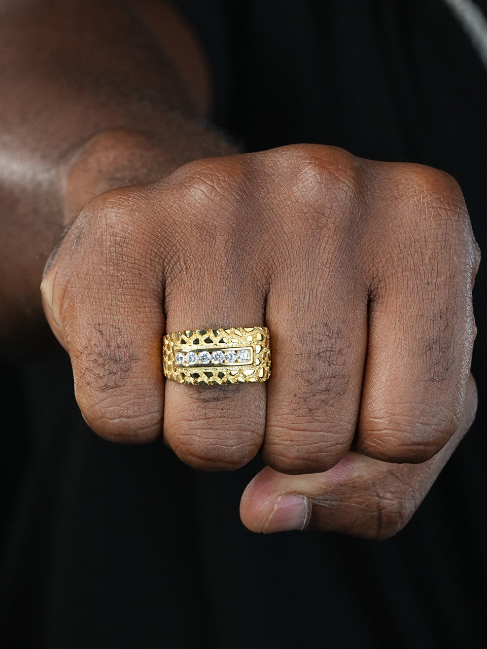 Train Tracks Gold Nugget Ring - 14k Gold Vermeil 925 Silver - CZ Stones