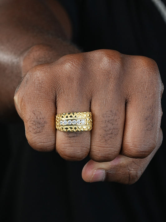 Train Tracks Gold Nugget Ring - 14k Gold Vermeil 925 Silver - CZ Stones