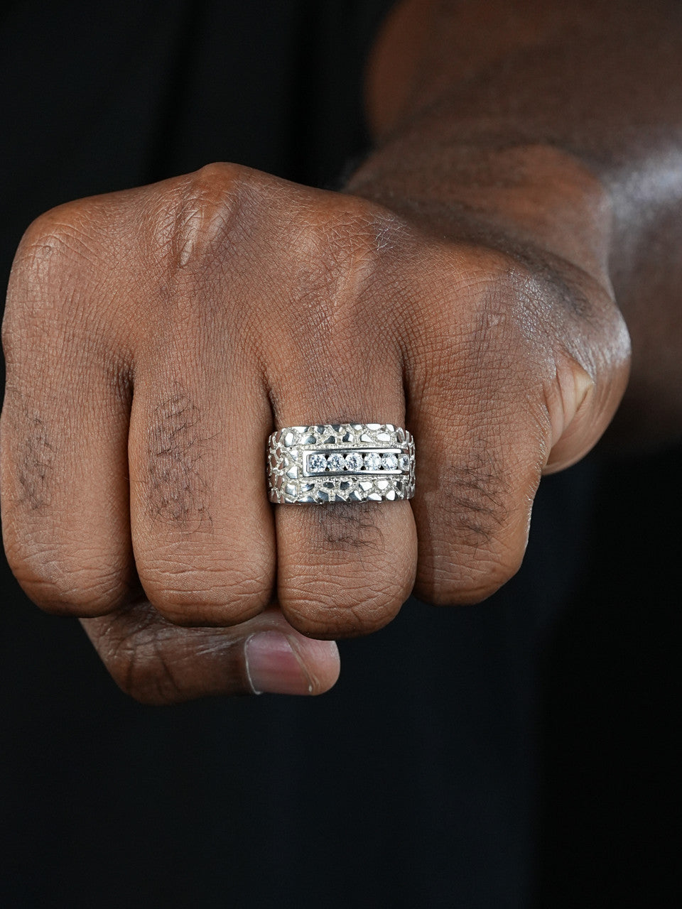 Train Tracks Silver Nugget Ring - 925 Silver - CZ Stones