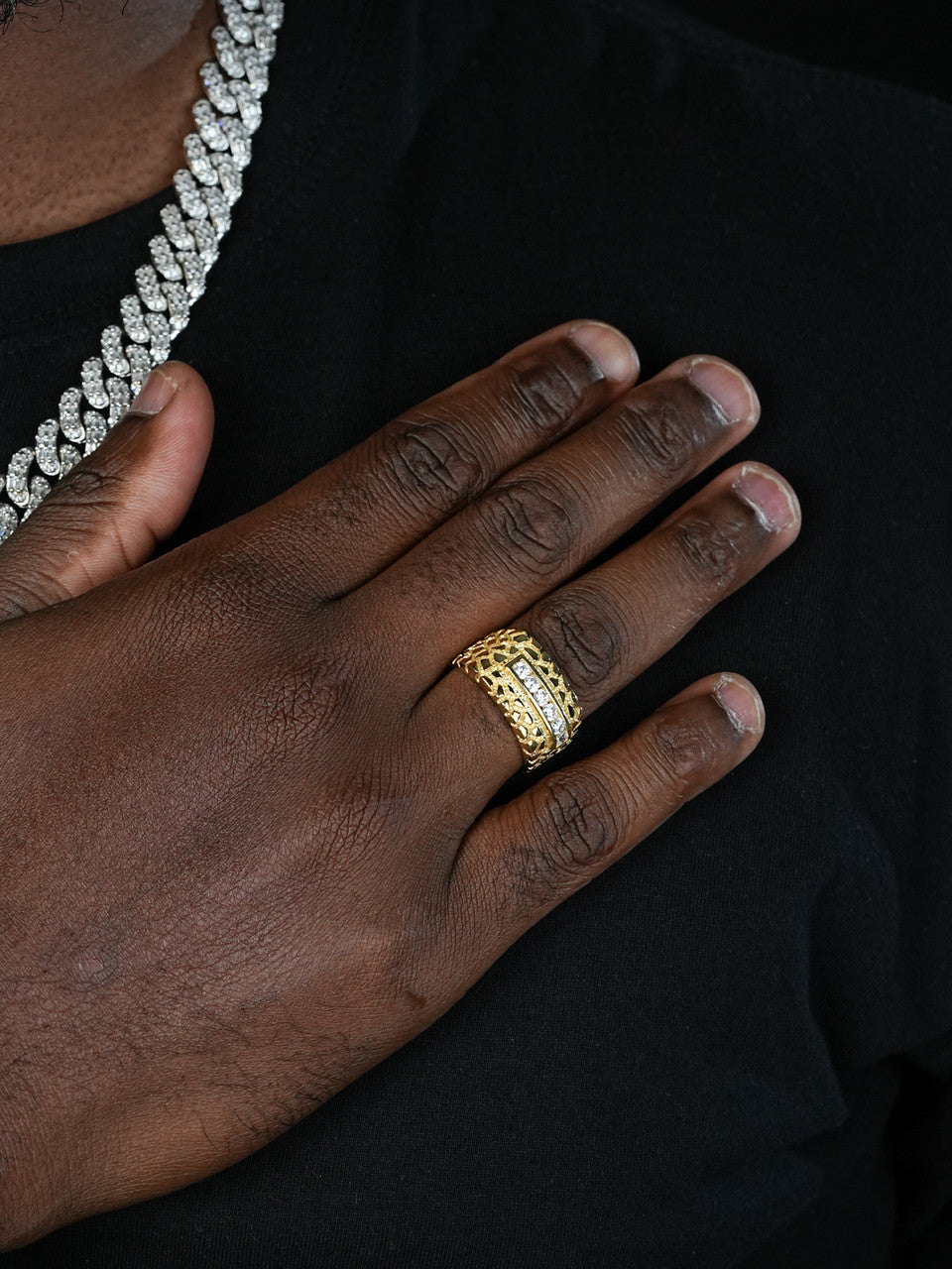 Men's 14k Gold Over Real Solid Sterling Silver Iced Diamond Nugget