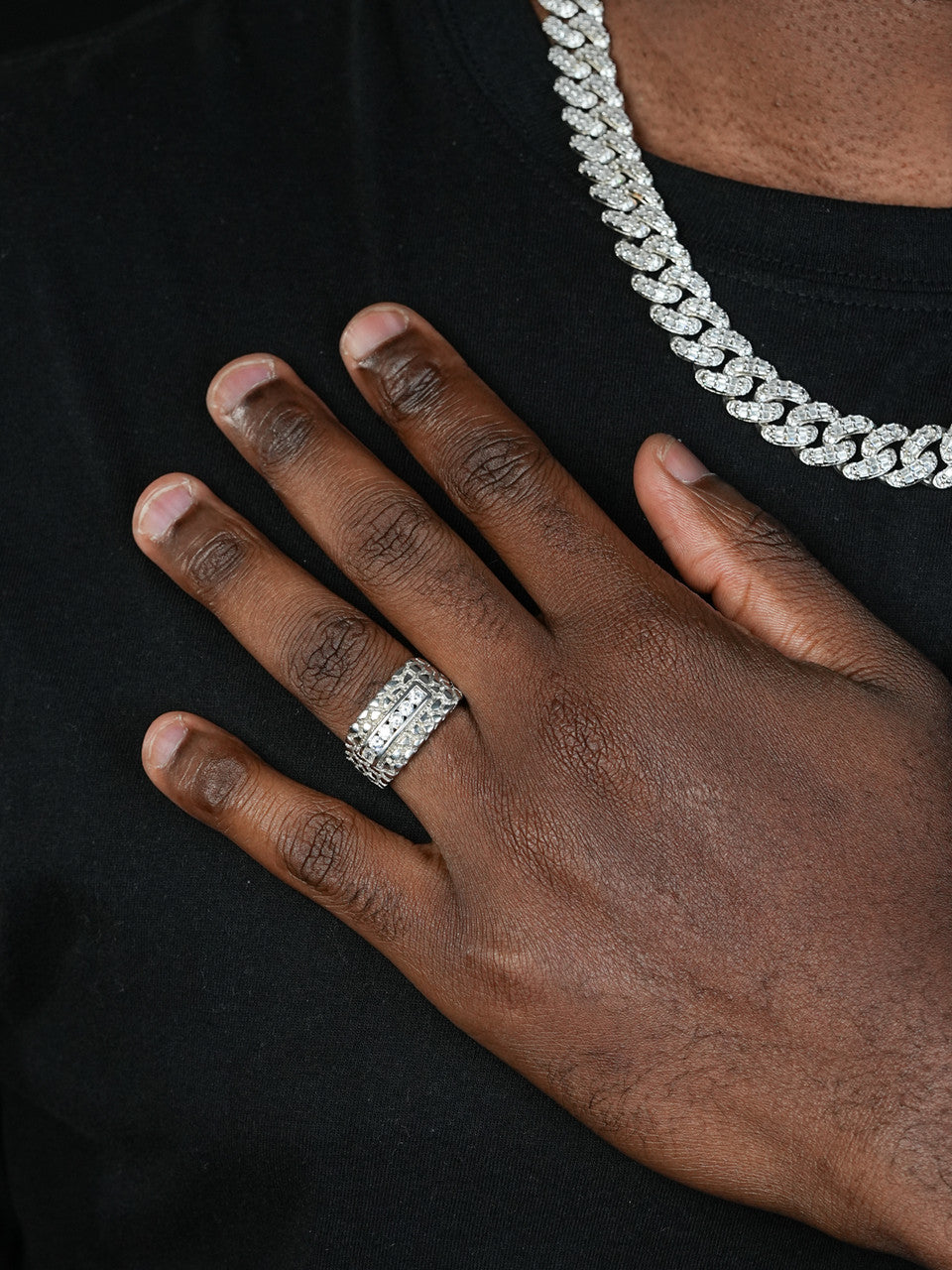 Men's Real Solid Sterling Silver Iced Diamond Nugget Ring Hip Hop