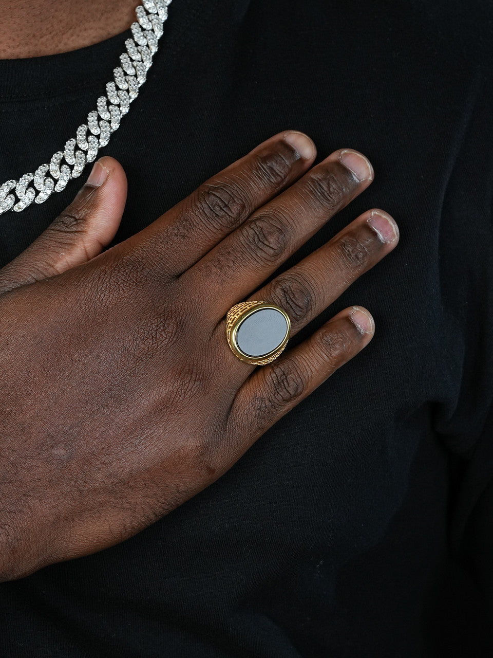 Large Oval Brick Road Ring -14k Gold Vermeil 925 Silver - Genuine Black Onyx Stone