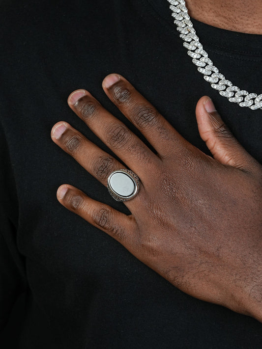 Large Oval Brick Road Ring - 925 Silver Oxidized W. Silver Bezel - Genuine Black Onyx Stone