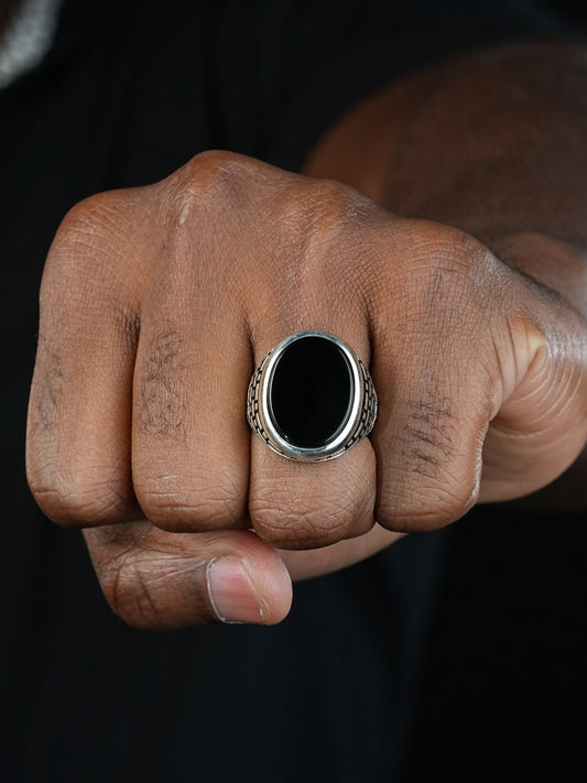 Large Oval Brick Road Ring - 925 Silver Oxidized W. Silver Bezel - Genuine Black Onyx Stone