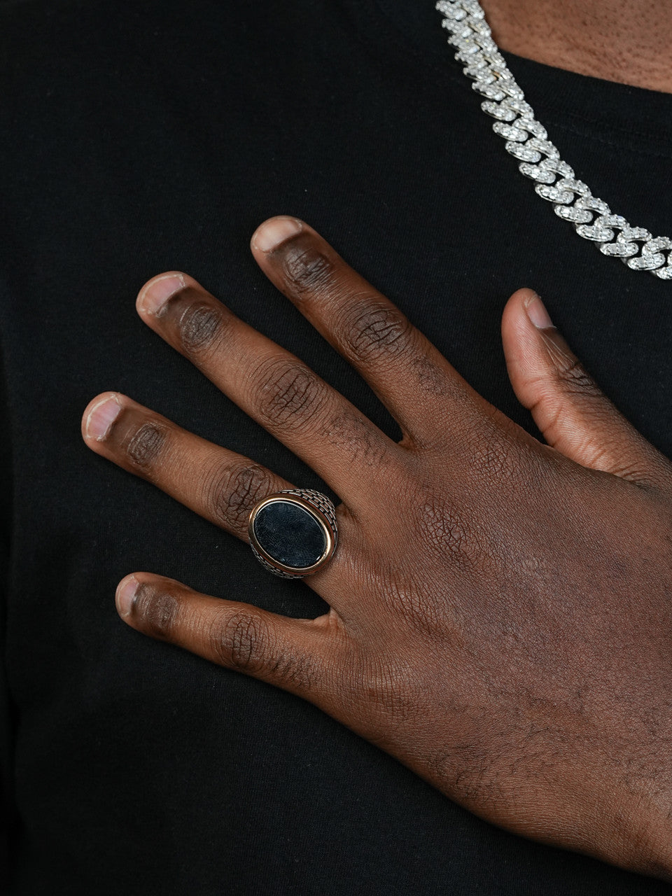 Large Oval Brick Road Ring - 925 Silver Oxidized W. Gold Bezel - Genuine Black Onyx Stone