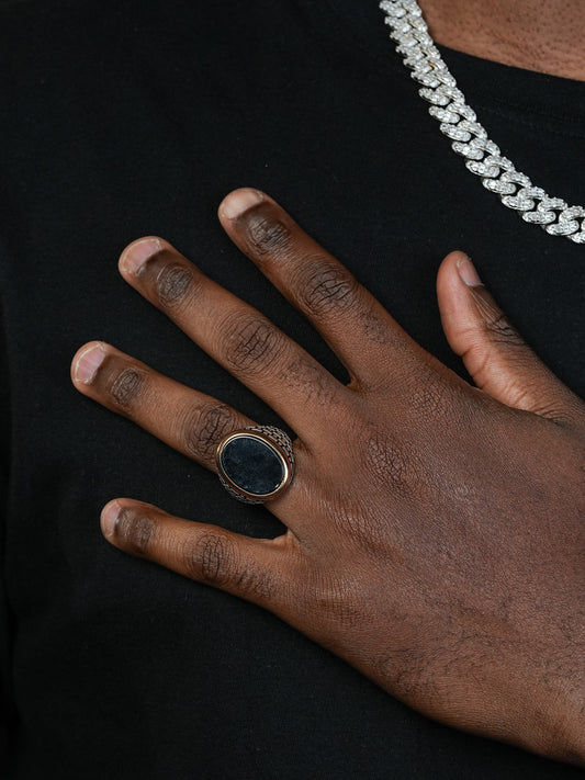 Large Oval Brick Road Ring - 925 Silver Oxidized W. Gold Bezel - Genuine Black Onyx Stone