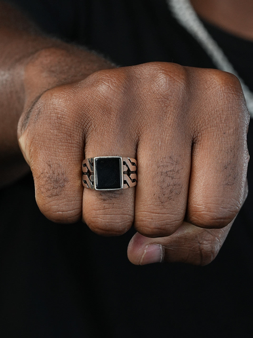 Twisted Path Solitaire Ring - 925 Silver Oxidized - Genuine Black Onyx Stone