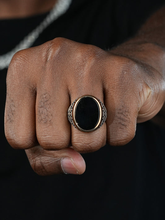 Large Oval Brick Road Ring - 925 Silver Oxidized W. Gold Bezel - Genuine Black Onyx Stone