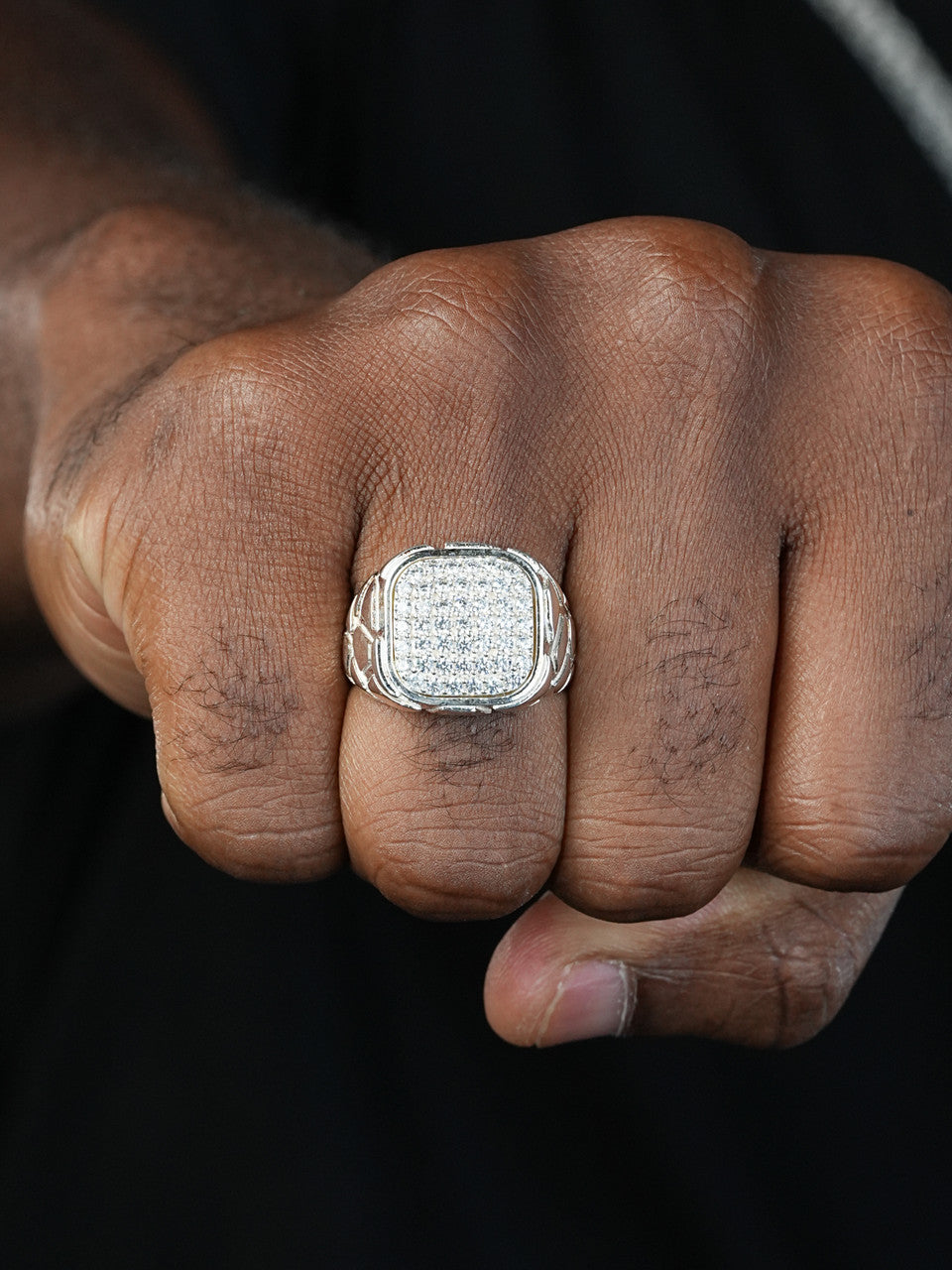 Mens Real 925 Sterling Silver Iced CZ Nugget Ring Hip Hop Size 7 8