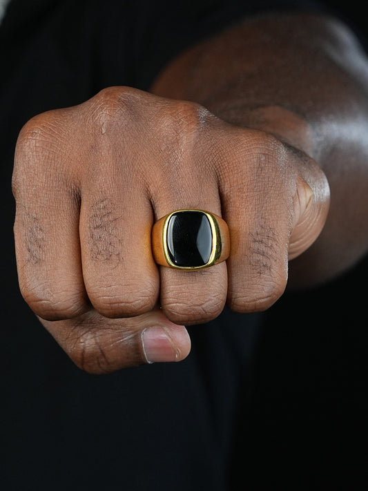 Lost City Of Atlantis Ring - 14k Gold Vermeil 925 Silver - Genuine Black Onyx Stone