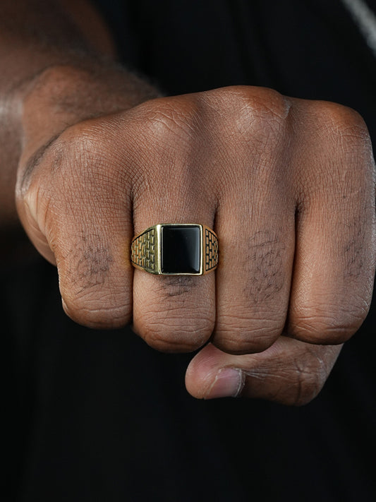 Classic Brick Road Ring - 14k Gold Vermeil 925 Silver - Genuine Black Onyx Stone