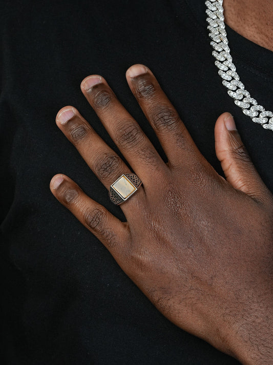 Classic Brick Road Ring - 925 Silver Oxidized - Genuine Tiger's Eye Stone