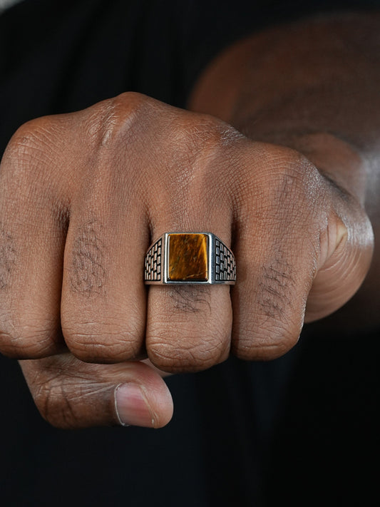 Classic Brick Road Ring - 925 Silver Oxidized - Genuine Tiger's Eye Stone