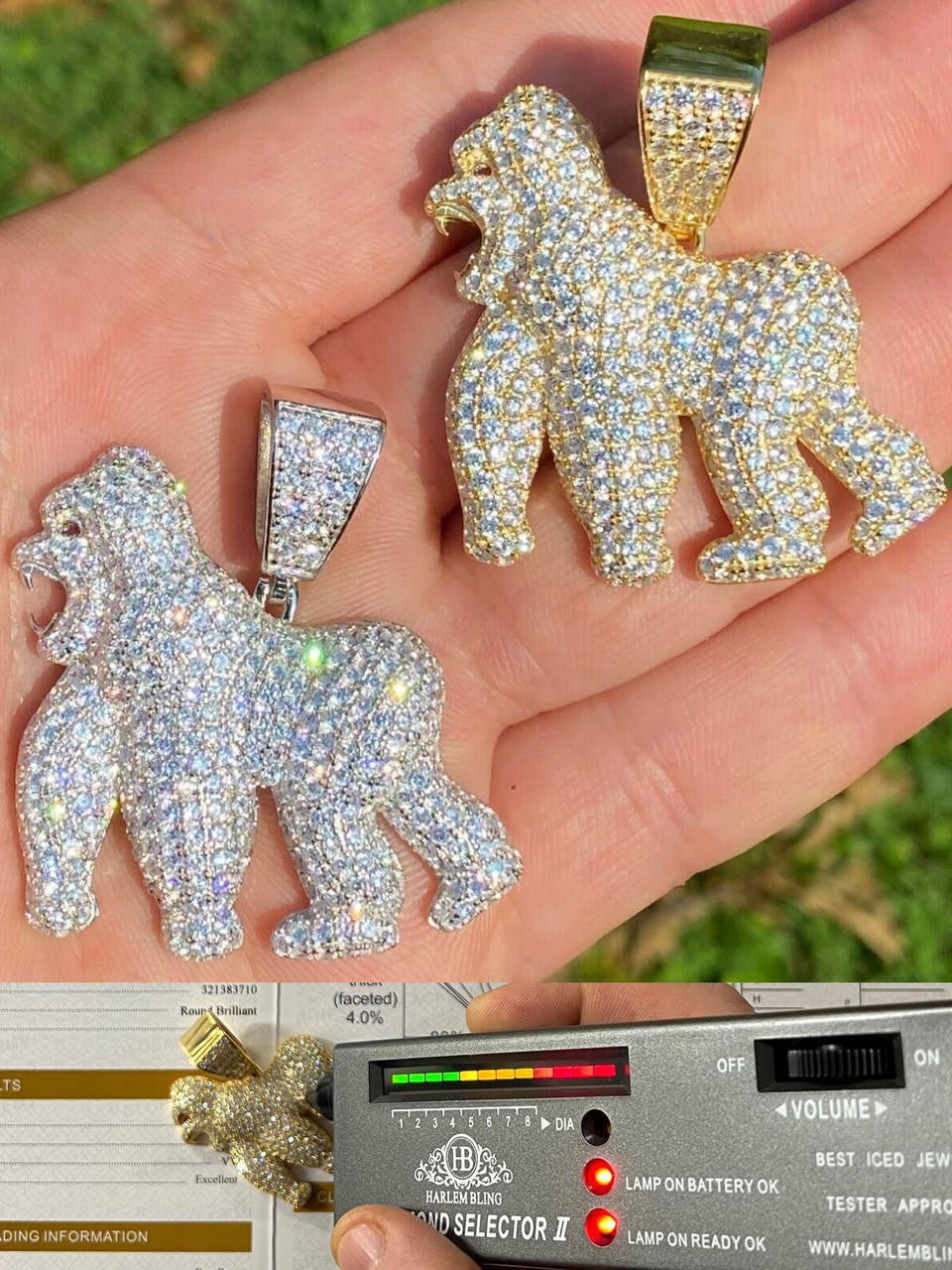 9ct MOISSANITE Real 925 Silver 14k Gold Plated Gorilla Pendant Ape Iced Necklace