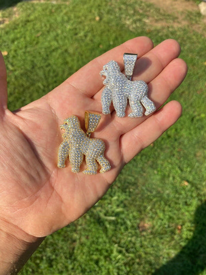 9ct MOISSANITE Real 925 Silver 14k Gold Plated Gorilla Pendant Ape Iced Necklace