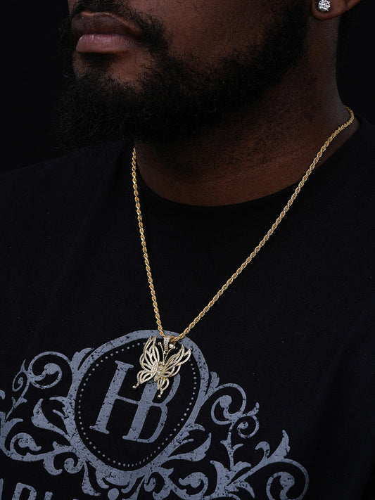 Butterfly Hip Hop Pendant - 14k Yellow/Rose Gold Vermeil Or 925 Silver - CZ Stones - Medium 1.75"
