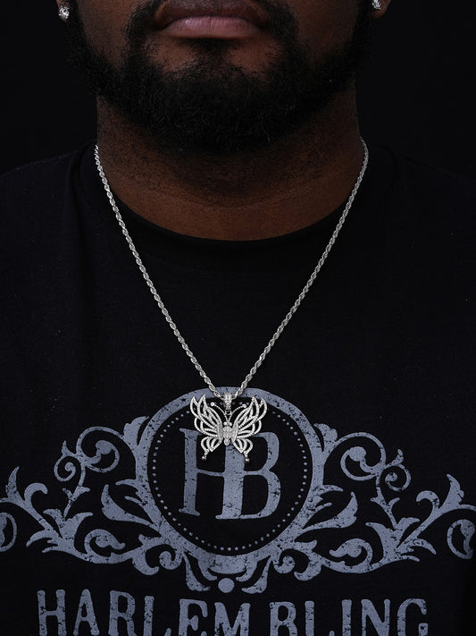 Butterfly Hip Hop Pendant - 14k Yellow/Rose Gold Vermeil Or 925 Silver - CZ Stones - Medium 1.75"