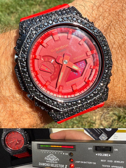 BLACK MOISSANITE Real 925 Silver Iced Red Casio G Shock GA2100 Hip Hop Watch ICED OUT WATCHES HarlemBling