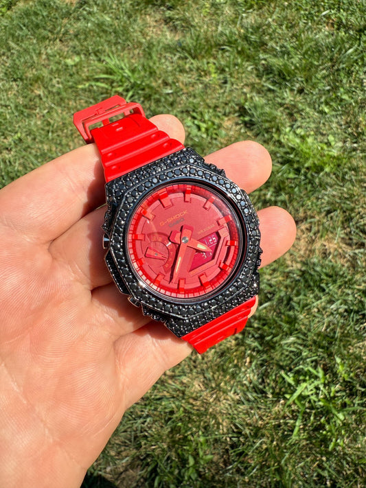 BLACK MOISSANITE Real 925 Silver Iced Red Casio G Shock GA2100 Hip Hop Watch ICED OUT WATCHES HarlemBling