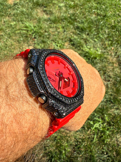BLACK MOISSANITE Real 925 Silver Iced Red Casio G Shock GA2100 Hip Hop Watch ICED OUT WATCHES HarlemBling