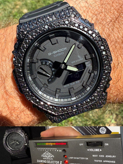 BLACK MOISSANITE Real Black 925 Silver Iced Casio G Shock GA2100 Hip Hop Watch ICED OUT WATCHES HarlemBling