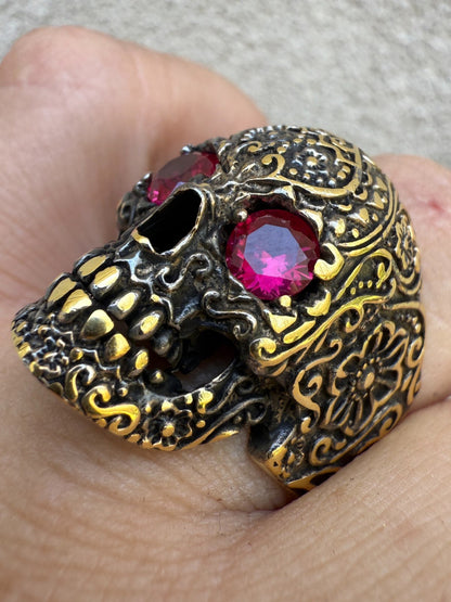 Calavera Day Of Dead Sugar Skull & Roses Ring W. Eyes 14k Gold Over 925 Silver Imported from eBay HarlemBling