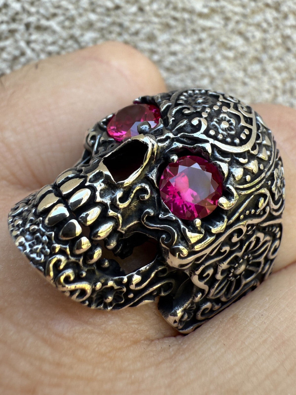 Calavera Day Of Dead Sugar Skull W. Roses Ring W. Ruby Eyes Real 925 Silver Imported from eBay HarlemBling