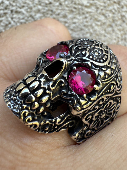 Calavera Day Of Dead Sugar Skull W. Roses Ring W. Ruby Eyes Real 925 Silver Imported from eBay HarlemBling