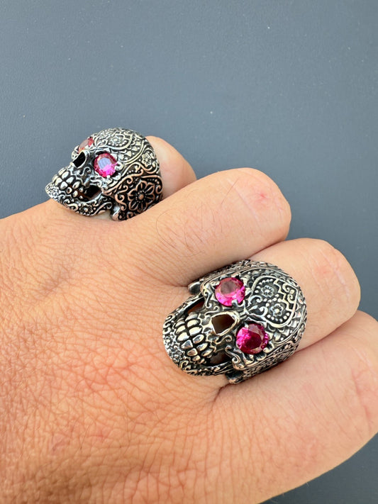 Calavera Day Of Dead Sugar Skull W. Roses Ring W. Ruby Eyes Real 925 Silver Imported from eBay HarlemBling