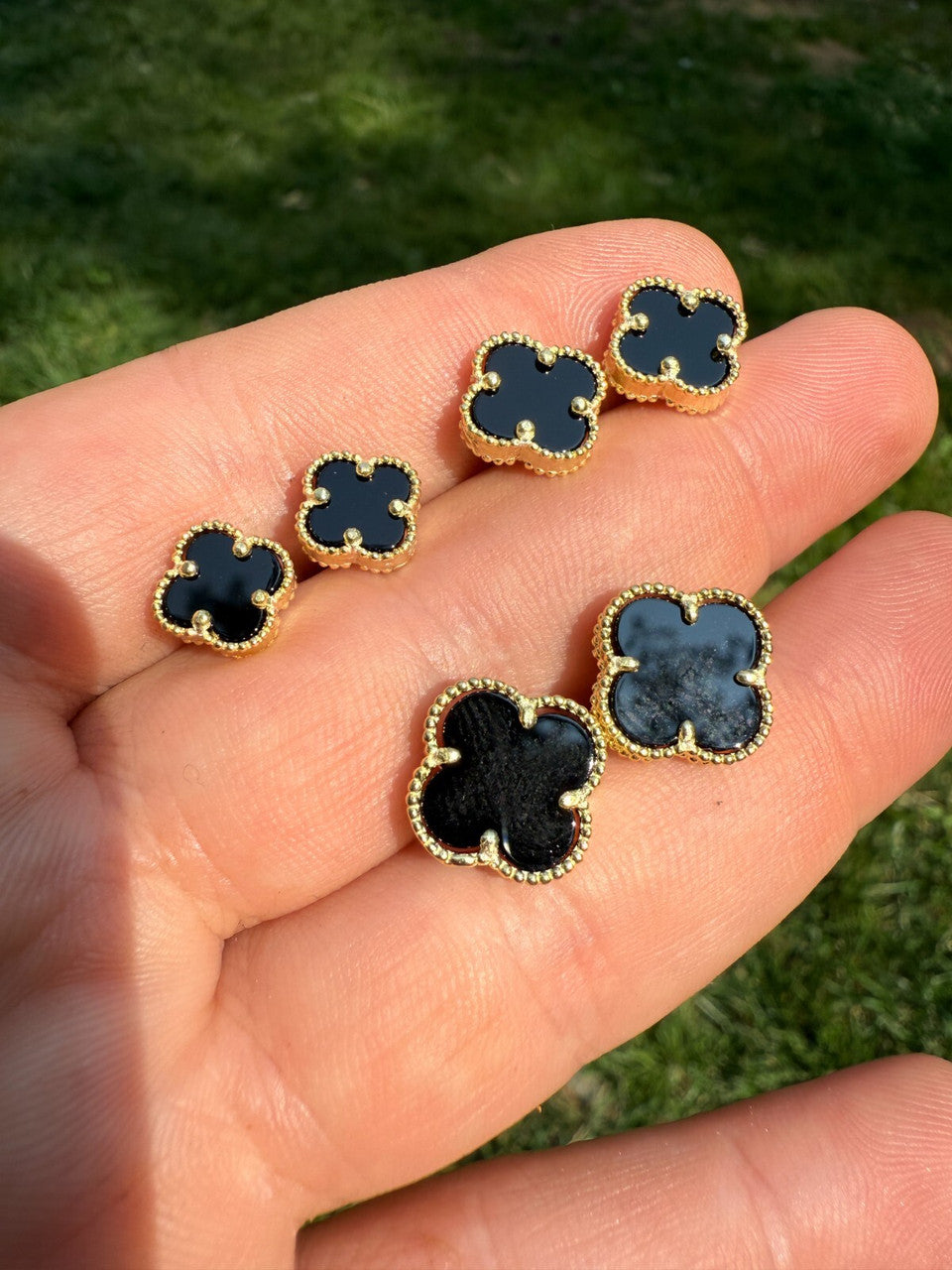 Clover Earrings Real 14k Gold Vermeil 925 Sterling Silver & Black Onyx 8mm-12mm Imported from eBay HarlemBling