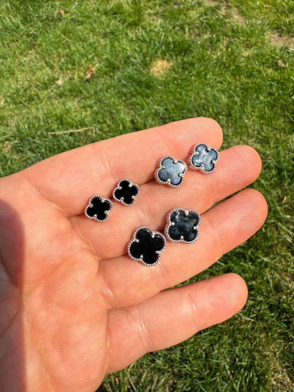 Clover Earrings Real 925 Sterling Silver & Black Onyx Gemstone 8mm-12mm Flower Imported from eBay HarlemBling