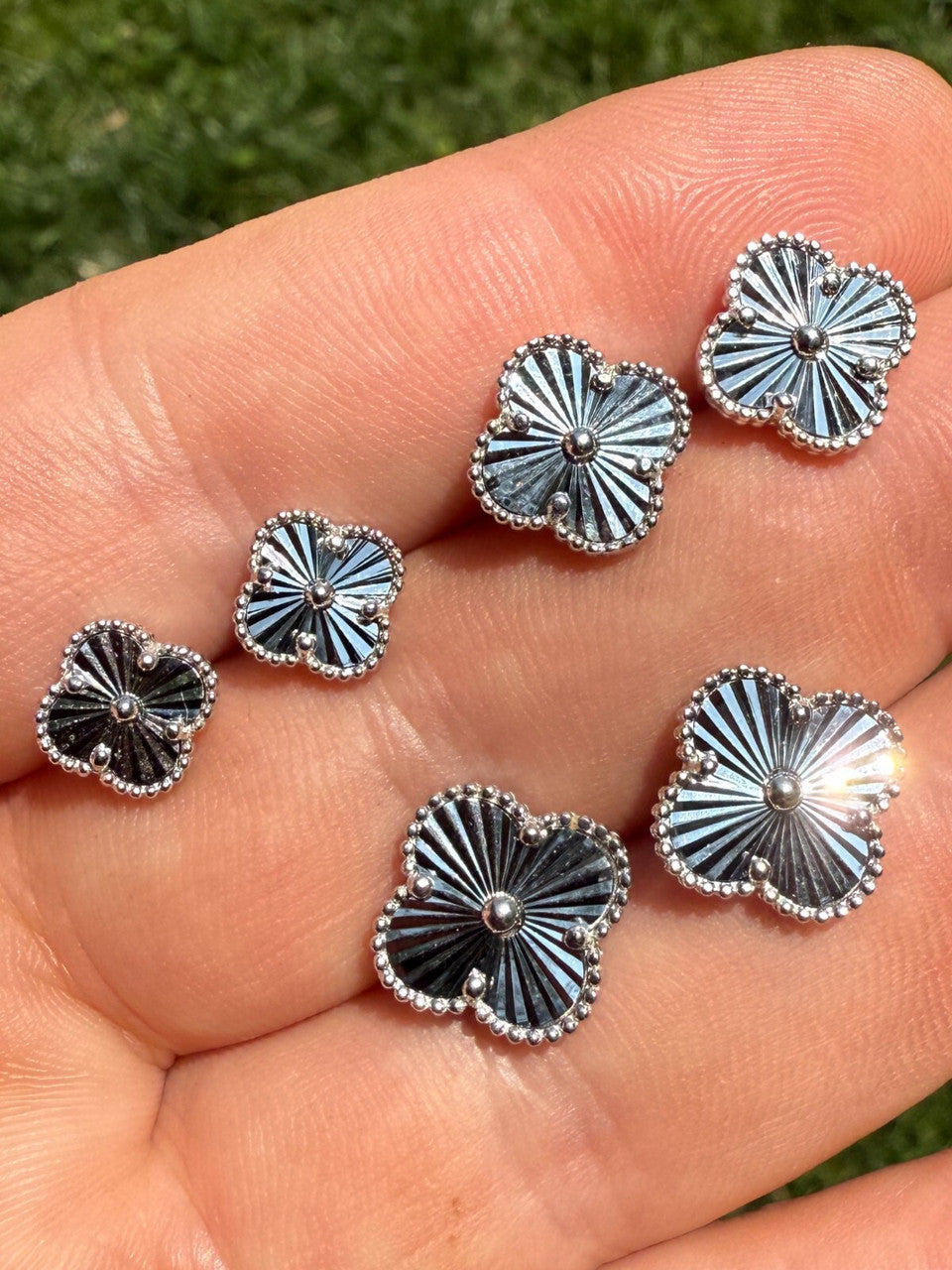 Clover Earrings Real 925 Sterling Silver Diamond Cut 8mm-12mm Four Leaf Flower Imported from eBay HarlemBling