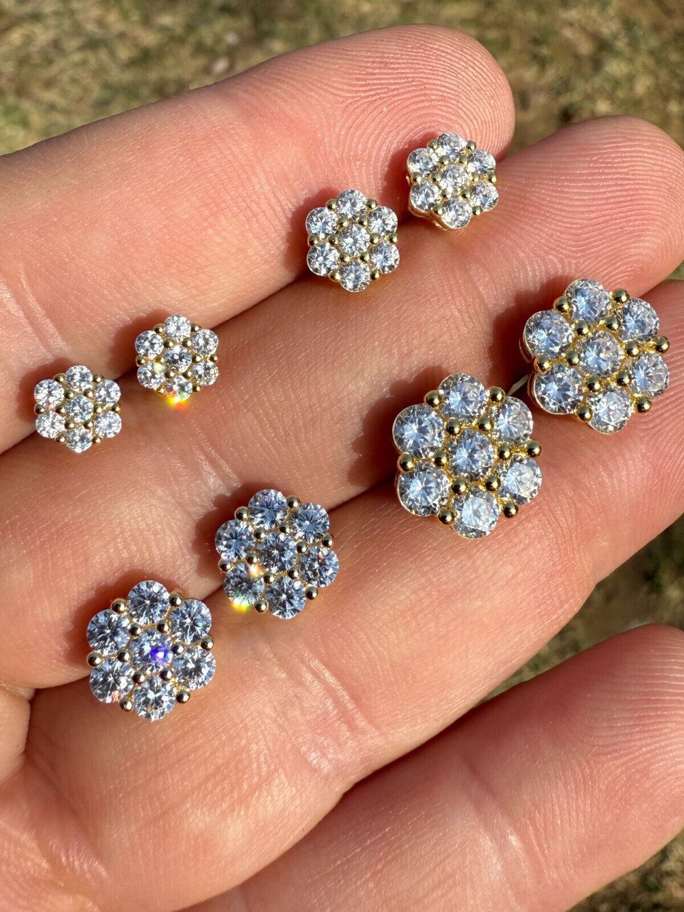 Cluster Flower Set Earrings Real 14k Gold Over 925 Silver 6-12mm Iced CZ Stones Imported from eBay HarlemBling