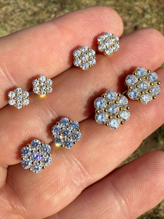 Cluster Flower Set Earrings Real 14k Gold Over 925 Silver 6-12mm Iced CZ Stones Imported from eBay HarlemBling