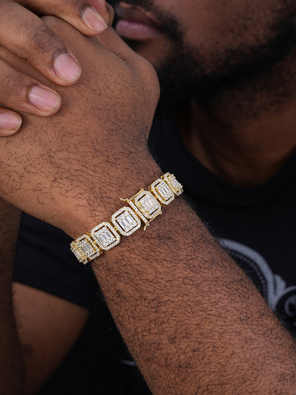 Men s Real Solid 925 Silver 14k Gold Plated Baguette Tennis