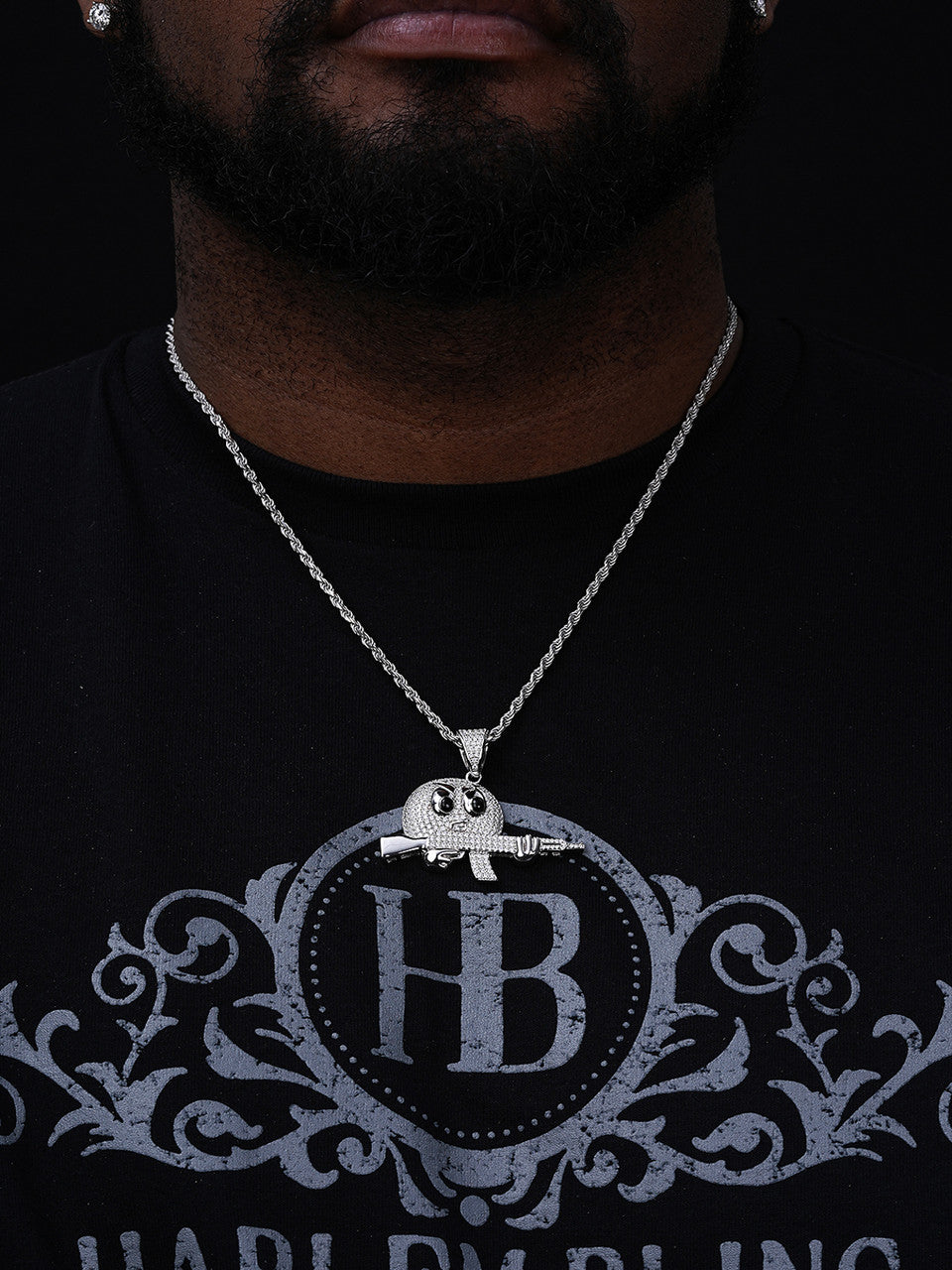 MOISSANITE Angry Emoji W. AK47 Gun Pendant - 14k Gold Vermeil Or 925 Silver - Small 1.5"