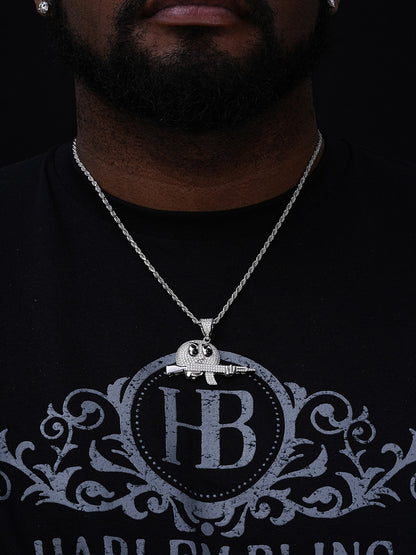 MOISSANITE Angry Emoji W. AK47 Gun Pendant - 14k Gold Vermeil Or 925 Silver - Small 1.5"