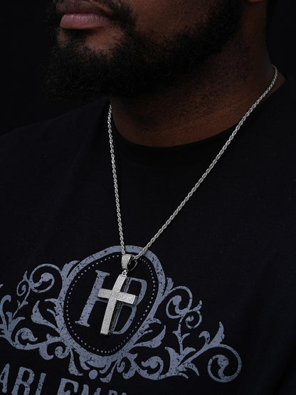 Classic Iced Out Cross Pendant - 925 Silver - CZ Stones - Large 2.5"