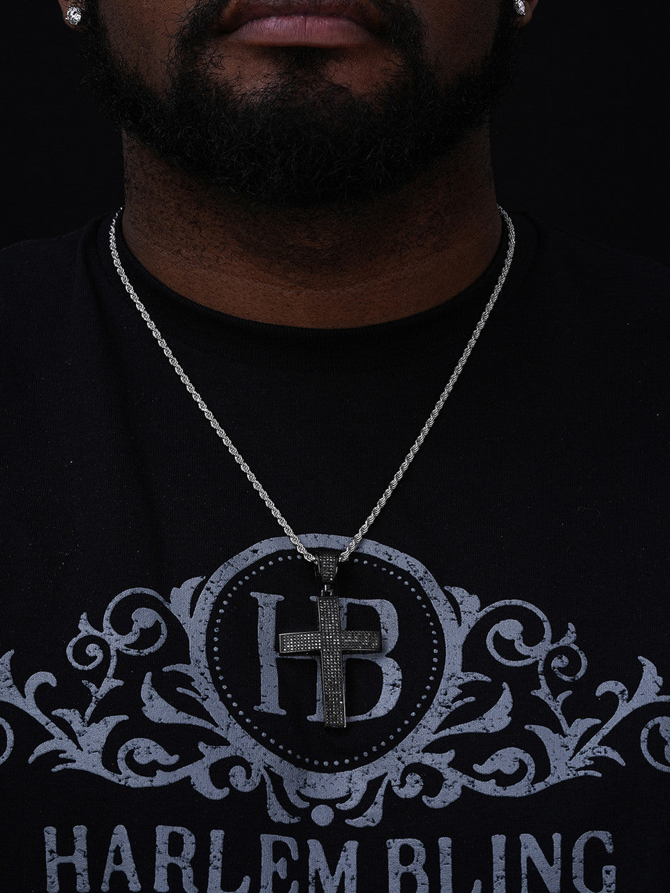 Black MOISSANITE Classic Iced Out Cross Pendant - Black Rhodium Over 925 Silver - Large 2.5"