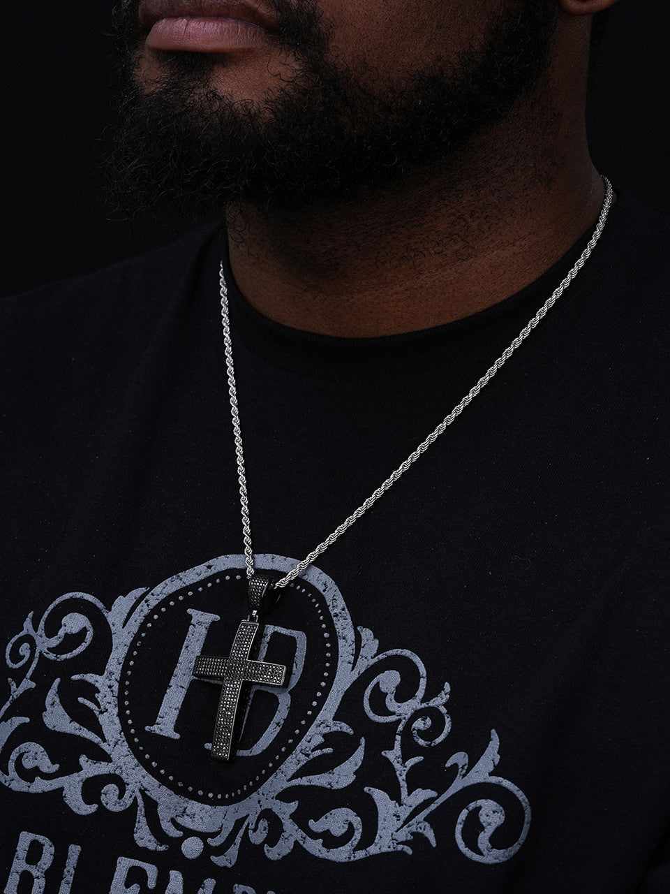 Black MOISSANITE Classic Iced Out Cross Pendant - Black Rhodium Over 925 Silver - Large 2.5"