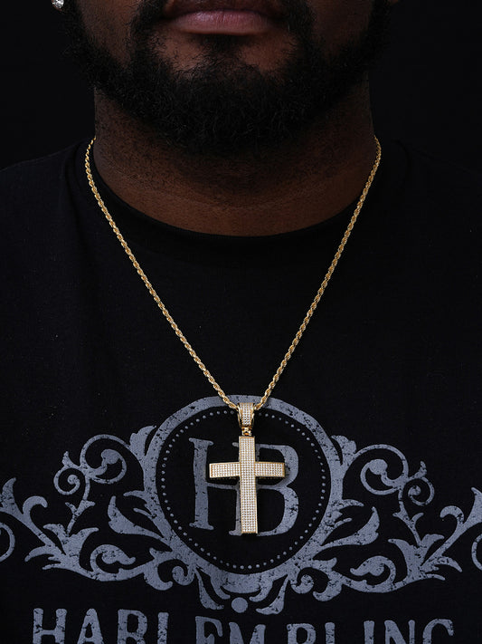 Classic Iced Out Cross Pendant - 14k Gold Vermeil 925 Silver - CZ Stones - Large 2.5"