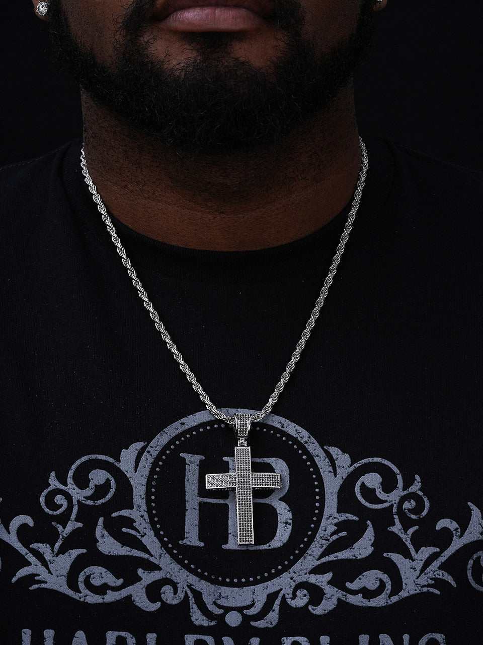 Black MOISSANITE Classic Iced Out Cross Pendant - 925 Silver - Large 2.5"