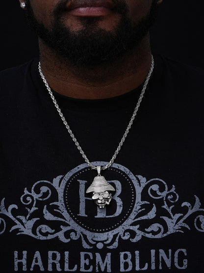 MOISSANITE Skull In Fedora Hat Smoking Pendant - 14k Gold Vermeil Or 925 Silver - Medium 1.75"