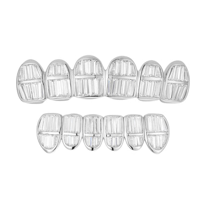 6 Teeth Top, Bottom, Or Set Iced Out Modern Grillz - Baguette CZ Stones - 925 Silver