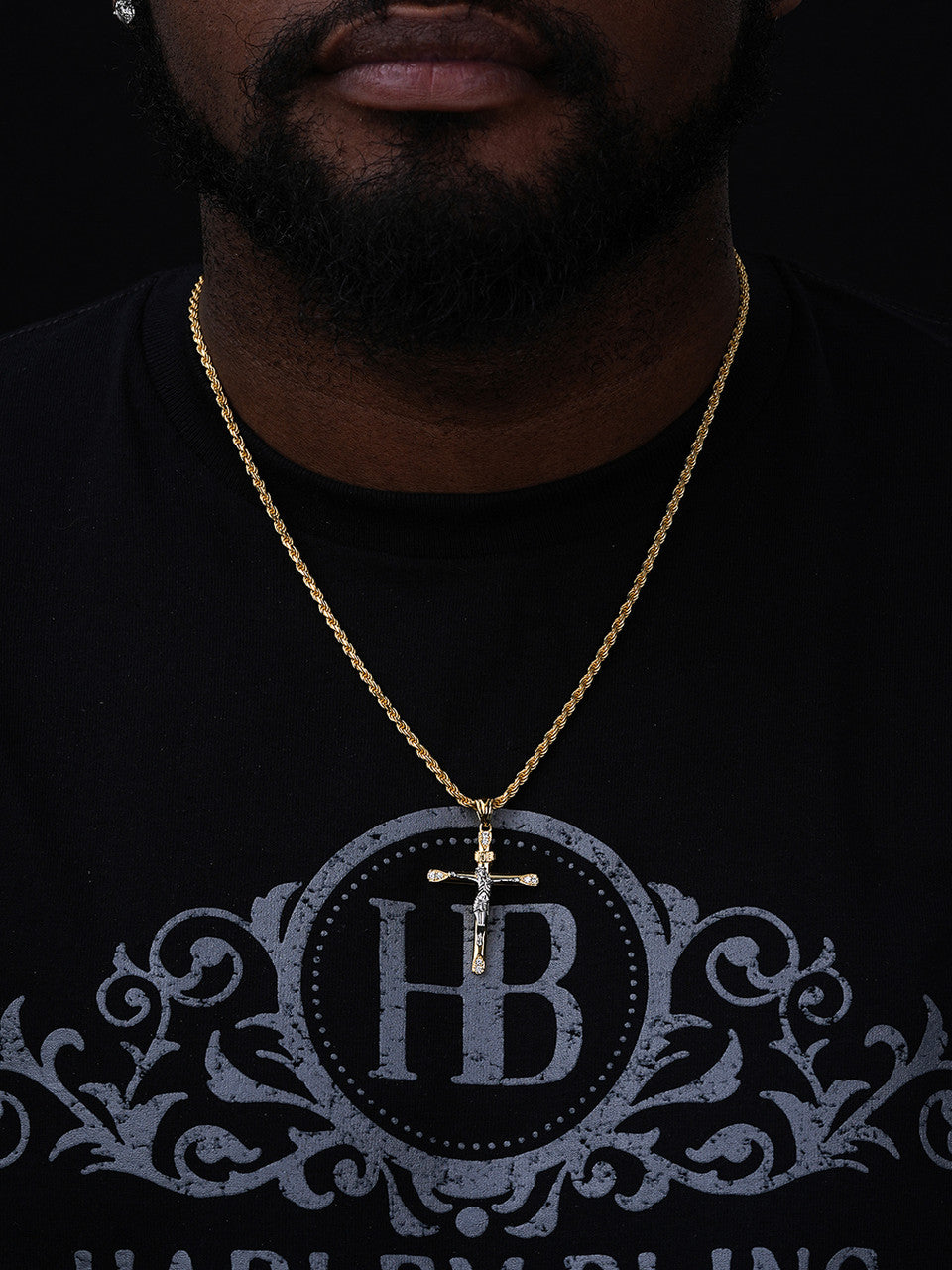 Cross W. Jesus Pendant - 14k Yellow/Rose Gold Vermeil Or 925 Silver - CZ Stones - Medium 2"