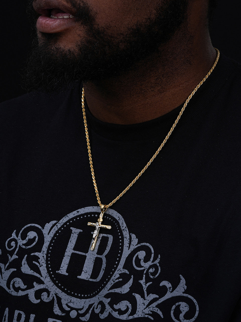 Cross W. Jesus Pendant - 14k Yellow/Rose Gold Vermeil Or 925 Silver - CZ Stones - Medium 2"