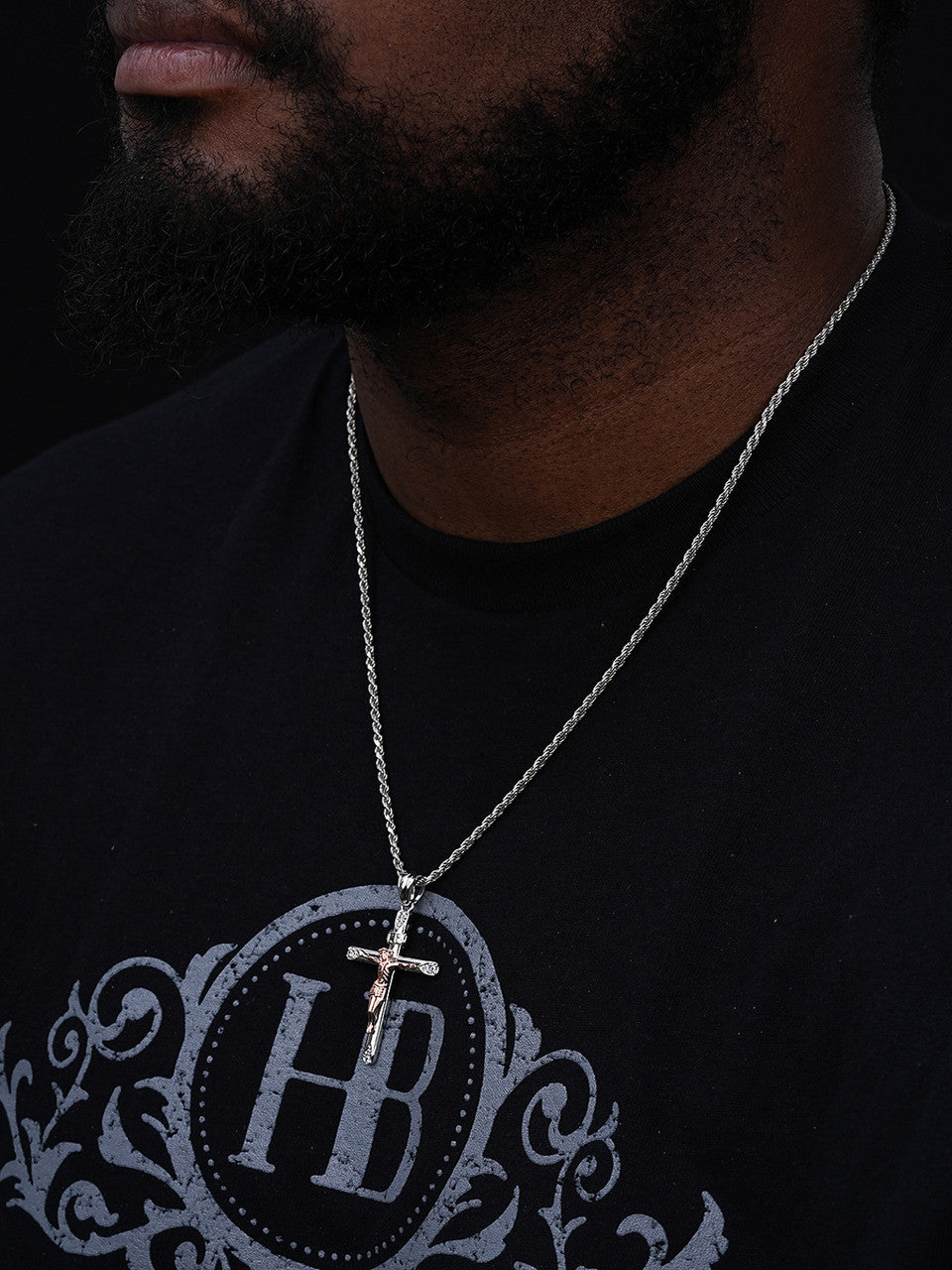 Cross W. Jesus Pendant - 14k Yellow/Rose Gold Vermeil Or 925 Silver - CZ Stones - Medium 2"